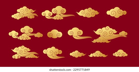 Chinese traditional clouds in glod. Sky pattern ornaments in chinese, korean and japanese oriental style for festival banner or card Chinese new year design. Isolated on red background. Vector.