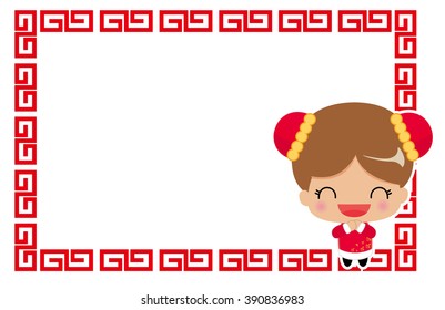 chinese traditional costume girl with red frame.vector art.