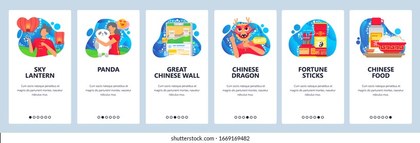 Chinese traditional culture icons. Chinese girl in red dress. Panda, Great Wall, fortune sticks, dragon mask. App screen. Vector banner template for website mobile development. Web design illustration