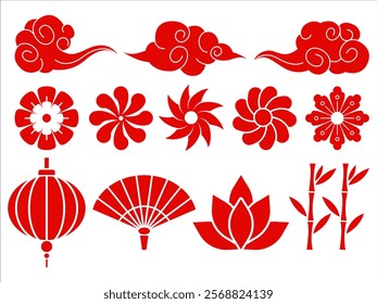 Chinese traditional culture ornament China oriental style tradition elements fold fan clouds flowers lotus water lily bamboo lantern light icons prosperity symbol design red color set collection