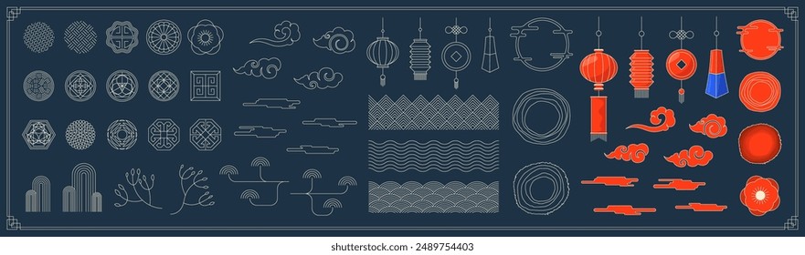 Chinese traditional decoration element set. Korean and Japanese decor pattern and lantern signs. Asian moon flower and cloud symbols. Oriental style folk ornament collection concept for holiday banner