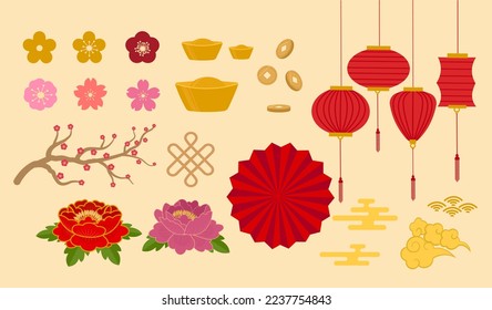 Chinese traditional decorative element ornaments set, Chinese New Year decoration vector illustration, good luck symbols, peony flower, plum peach cherry blossom, lucky coins, gold ingot,  red lantern