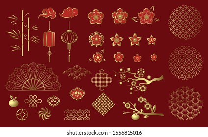 Chinese traditional decorative ornaments and elements. Set of Chinese festive gold ornaments on red background. Calendar design template, chinese new year, invitation, greetings. Vector illustration - Shutterstock ID 1556815016