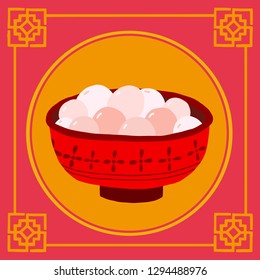 Chinese traditional dessert glutinous rice balls (Tang Yuan in mandarin) on red Chinese symbolic background. Suitable for Chinese festive greetings such as winter soltice and Chinese New Year.  