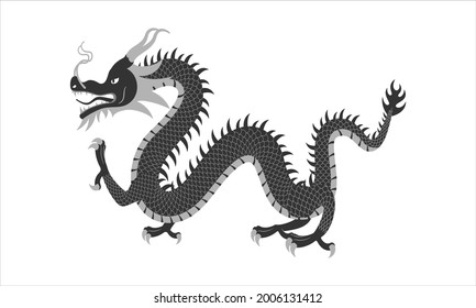 Chinese traditional dragon. Black and white vector illustration. White isolated background.