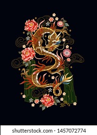 Chinese traditional dragons, peonies and sakura. vector.