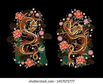 Chinese traditional dragons, peonies and sakura. vector.