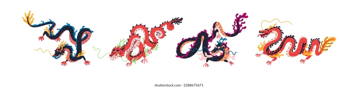 Chinese traditional dragons set. Asian legends monsters. Ancient fantasy animals from China legend, oriental mythology, myth. Legendary reptiles. Flat vector illustration isolated on white background