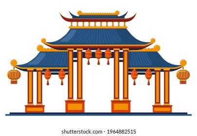 Chinese traditional entrance. Asian traditional architectural pagoda gate isolated vector illustration. Oriental entrance with hanging lanterns. Entrance traditional pagoda, temple gate