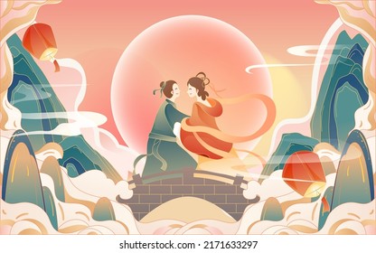 Chinese traditional festival Qixi Festival, Cowherd and Weaver Girl meet on magpie bridge, Chinese Valentine's Day, vector illustration