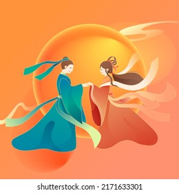Chinese traditional festival Qixi Festival, Cowherd and Weaver Girl meet on magpie bridge, Chinese Valentine's Day, vector illustration