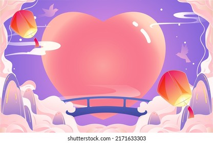 Chinese traditional festival Qixi Festival, Cowherd and Weaver Girl meet on magpie bridge, Chinese Valentine's Day, vector illustration