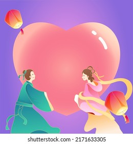 Chinese traditional festival Qixi Festival, Cowherd and Weaver Girl meet on magpie bridge, Chinese Valentine's Day, vector illustration