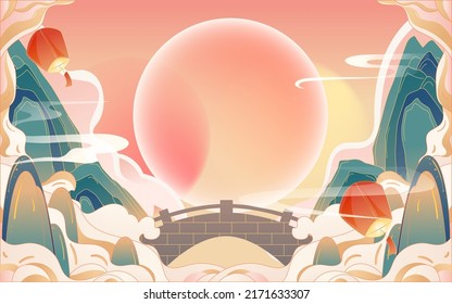 Chinese traditional festival Qixi Festival, Cowherd and Weaver Girl meet on magpie bridge, Chinese Valentine's Day, vector illustration