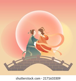 Chinese traditional festival Qixi Festival, Cowherd and Weaver Girl meet on magpie bridge, Chinese Valentine's Day, vector illustration