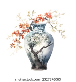 chinese traditional flower vase with red hibiscus in watercolor