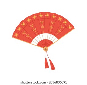 Chinese traditional folding hand fan from red silk. Open foldable handheld souvenir with oriental ornament and decorative fringe. Flat vector illustration isolated on white background