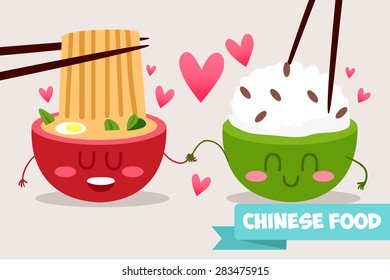 Chinese traditional food. Noodles and rice in a cartoon style. Vector illustration.