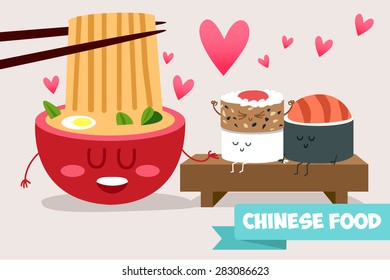 Chinese traditional food. Noodles and sushi in a cartoon style. Vector illustration.