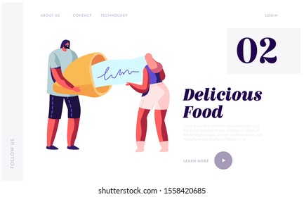 Chinese Traditional Food, Prediction for Future Website Landing Page. Tiny Man and Woman Hold Huge Fortune Cookie Reading Forecasting on Piece of Paper Web Page Banner. Flat Vector Illustration