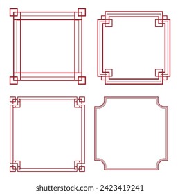 Marco tradicional chino, borde de línea con esquinas de nudo ornamento aislado en fondo blanco. Decoración asiática, retro.