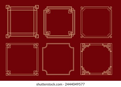 Chinese traditional frames set, line border with knot corners ornament isolated on red background. Asian decoration, retro.