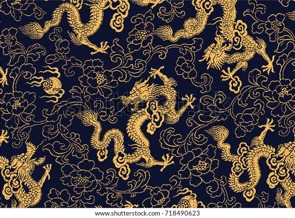 Chinese\
traditional golden dragon and peony\
pattern