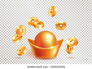 Chinese traditional golden ingot yuanbao and realistic falling gold coins isolated on transparent background. Chinese New Year. The wish of wealth, abundance and monetary luck. Vector illustration