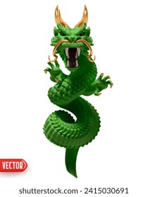 Chinese traditional green wood dragon realistic 3d cartoon style. dragon statue.  Vector illustration