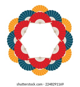 Chinese traditional hand fan forming a mandala frame. Abstract combination of hand fans