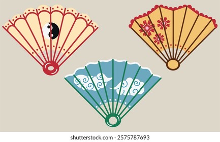 Chinese traditional hand fans featuring a yin yang symbol, oriental clouds, and flowers. Hand drawn vector illustrations.