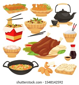 Chinese traditional holiday food dishes. Vector flat cartoon illustration. Set of isolated china cuisine meal. Asian restaurant or cafe menu design elements.