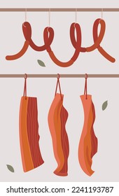 Chinese traditional Homemade food cured bacon and sausage. hanging on bamboo pole. flat style illustration on white background.