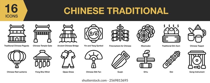 Chinese Traditional icon set. Editable Stroke Icon Collection. Includes chinese, traditional, culture, oriental, celebration, lantern, and More. Outline icons vector collection.