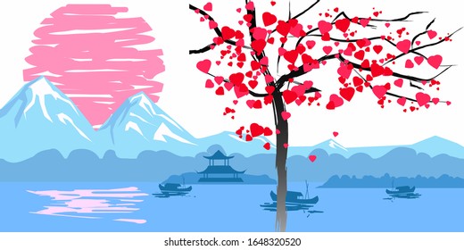 Chinese traditional or Japanese landscape, with pagoda and mountains, flowering tree hearts, sunset sea fisherman boats, silhouettes. Isolated illustration vector