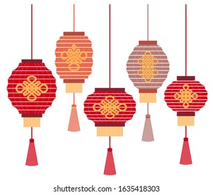 Chinese traditional lanterns. National classic design, objects isolated. Vector set of 5.