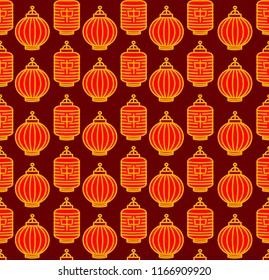 Chinese Traditional Lanterns Seamless Pattern Background on a Red for Celebration, Decoration and Festival. Vector illustration of China Symbol