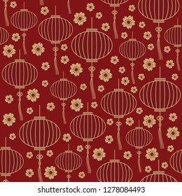 Chinese Traditional Lanterns Seamless Pattern Background on a Red for Celebration, Decoration and Festival. Vector illustration of China Symbol