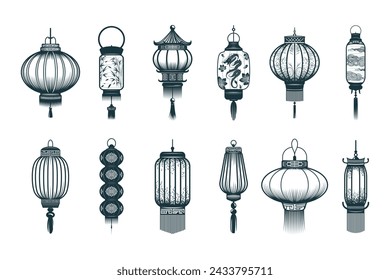Chinese traditional lanterns  set.  Hand drawn collection of decor elements isolated on white background. Vector illustration for greeting cards, tattoo and print.