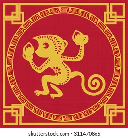 Chinese traditional monkey as a symbol of the year 2016 yellow on red