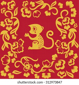 Chinese traditional monkey as a symbol of the year 2016 yellow on red