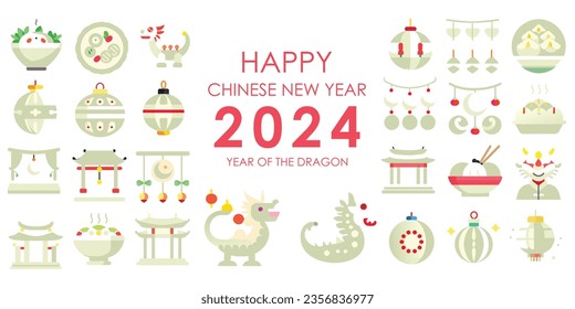 Chinese traditional new year 2024. Chinese year of the dragon. Set of Lunar year decorations, elements and icon.