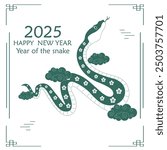 Chinese traditional New Year backgrounds with green snake with flowers Chinese ornaments and vintage green oriental Chinese border frames. Vector New Year banners, posters, newsletters.