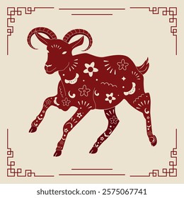 Chinese traditional New Year backgrounds with red goat with flowers Chinese ornaments and vintage red oriental Chinese border frames. Vector New Year banners, posters, newsletters.