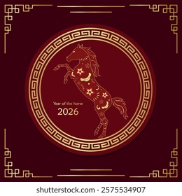 Chinese traditional New Year backgrounds with red horse with flowers Chinese ornaments and vintage red oriental Chinese border frames. Vector New Year banners, posters, newsletters.