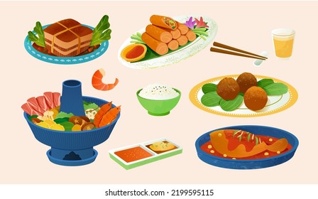 Chinese traditional new year dinner dishes set. Illustrated braised dongpo pork, spring rolls, chopsticks, cup of beer, rice, meatballs, hot pot, sauce dish and fish isolated on light pink background.