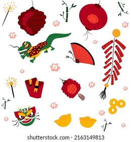 Chinese traditional new year set with dragon, money, lantern, fireworks, fan and bamboo