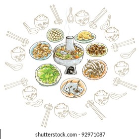 Chinese  Traditional New Year Steamboat With Sketching Style