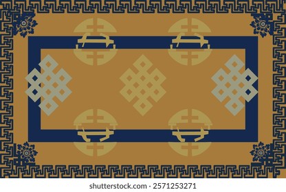 Chinese Traditional Oriental Carpet Art featuring intricate geometric motifs in yellow and blue nav tones. This elegant design reflects cultural heritage for decor, textiles, and artistic project