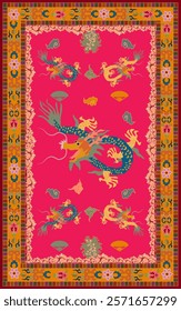 Chinese Traditional Oriental Carpet Art featuring intricate floral and dragon pink tones. This elegant design reflects cultural heritage, perfect for decor, textiles, and artistic project